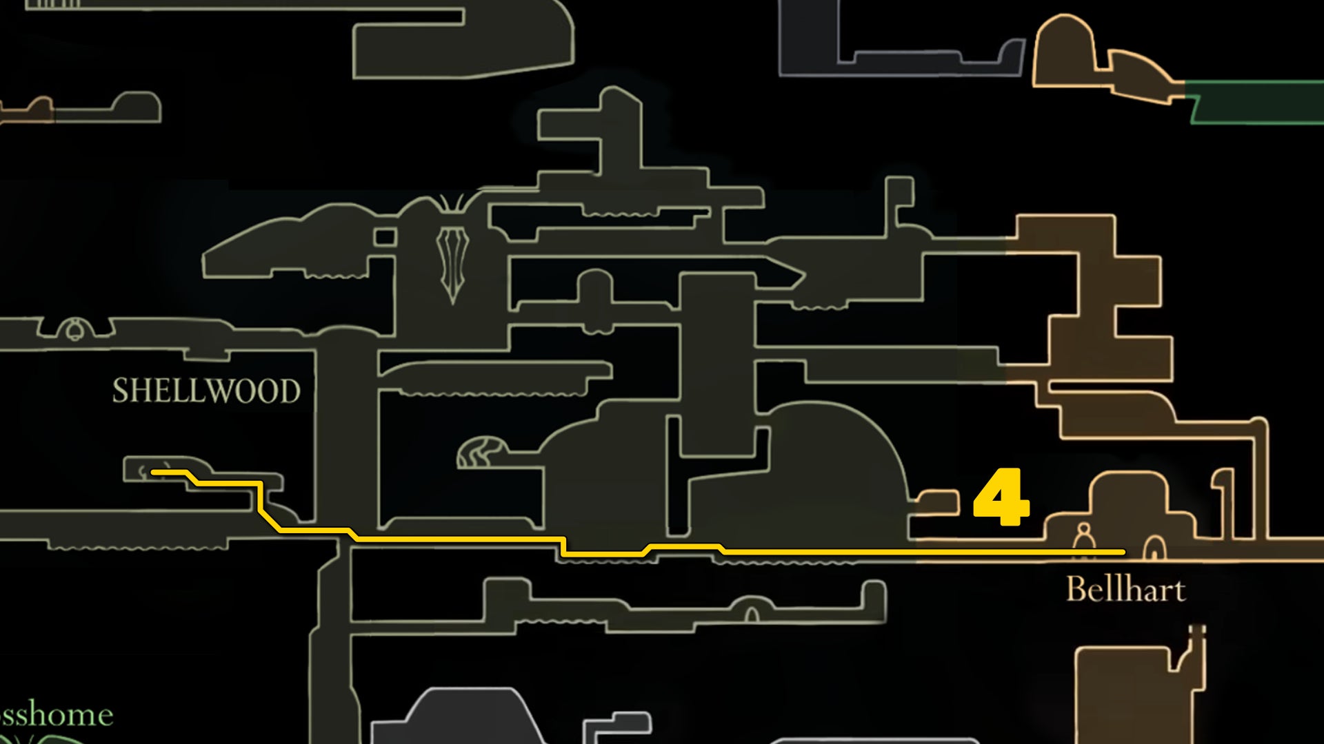 Part of the Hollow Knight: Silksong map of Shellwood, showing the path to Pinmaster Plinney according to our walkthrough. - 17