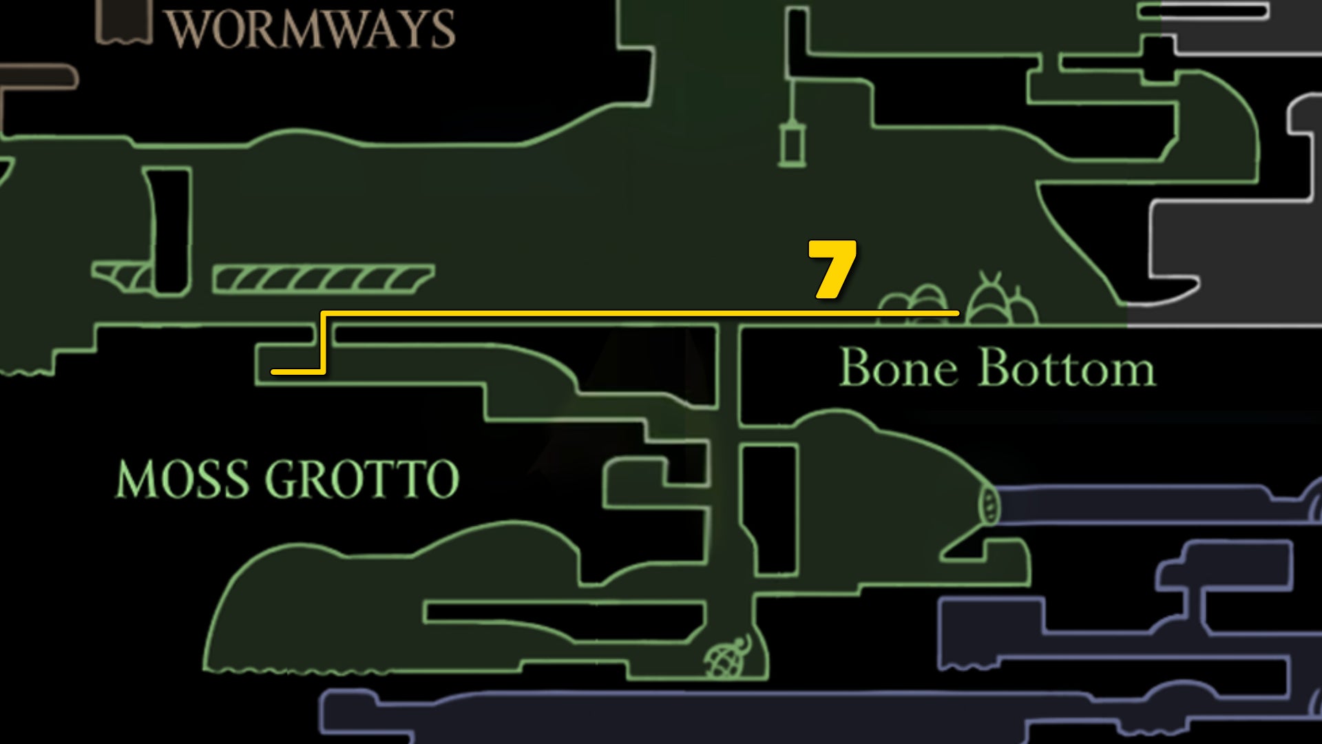 Part of the Hollow Knight: Silksong map of Moss Grotto, showing the path to the Ruined Chapel according to our walkthrough. - 32