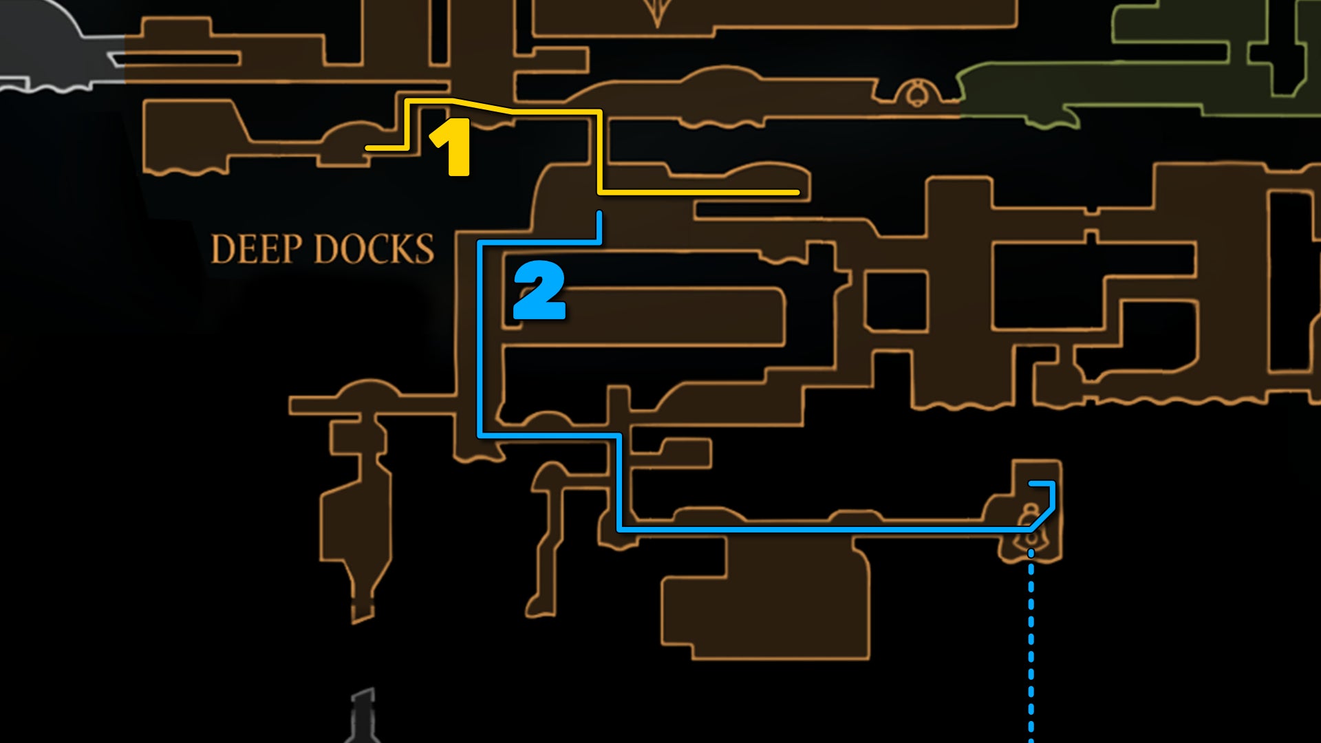 Part of the Hollow Knight: Silksong map of Deep Docks, showing the path to the Diving Bell according to our walkthrough. - 3