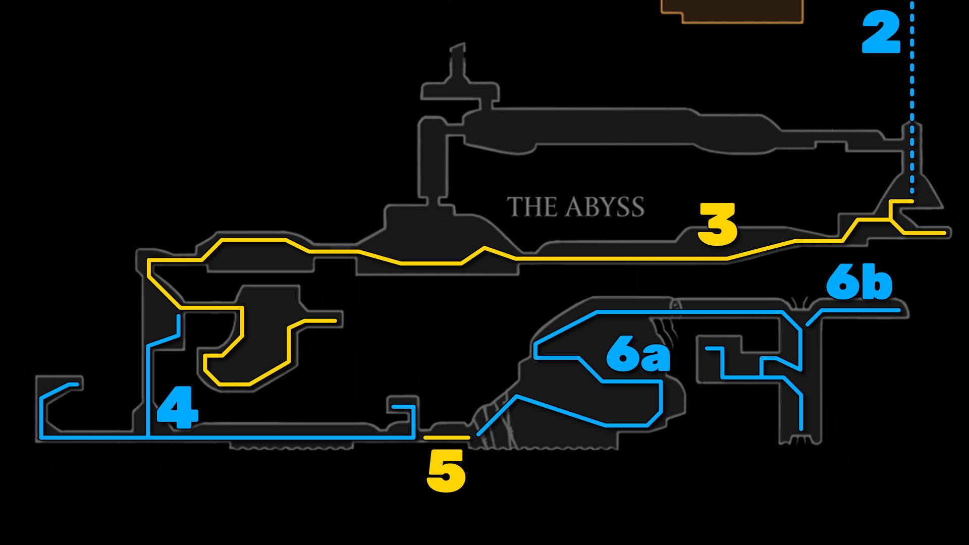 Part of the Hollow Knight: Silksong map of The Abyss, showing the path forward according to our walkthrough. - 10