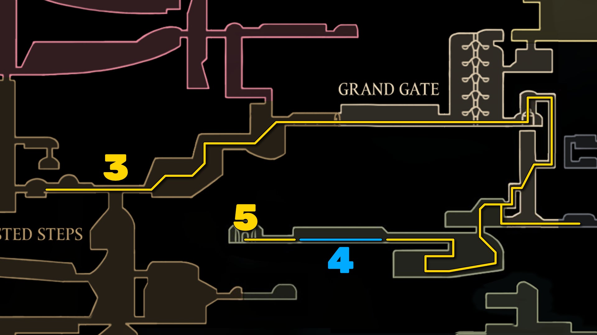 Part of the Hollow Knight: Silksong map, showing the path to Nyleth according to our walkthrough. - 8