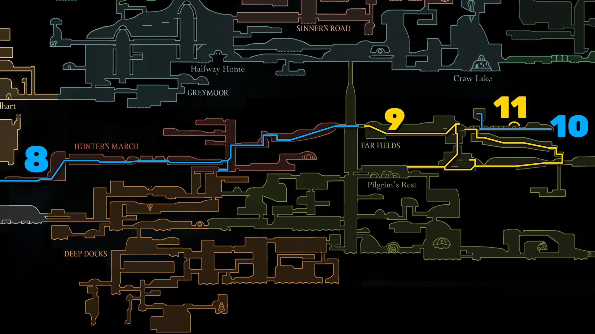 Part of the Hollow Knight: Silksong map, showing the path to Skarrsinger Karmelita according to our walkthrough. - 32