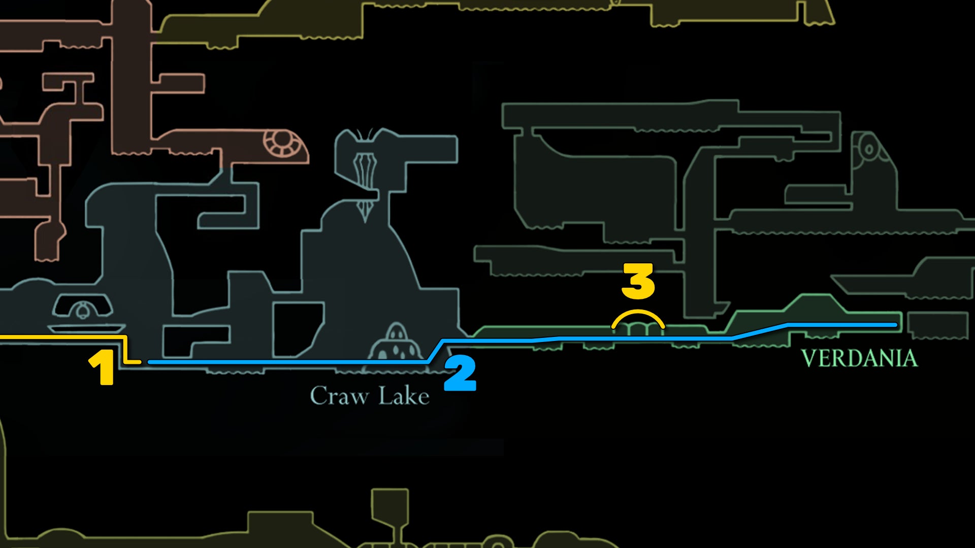 Part of the Hollow Knight: Silksong map of Verdania, showing the path forward according to our walkthrough. - 3
