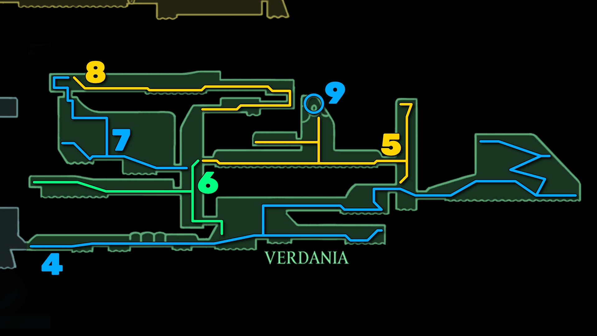 Part of the Hollow Knight: Silksong map of Verdania, showing the path forward according to our walkthrough. - 9
