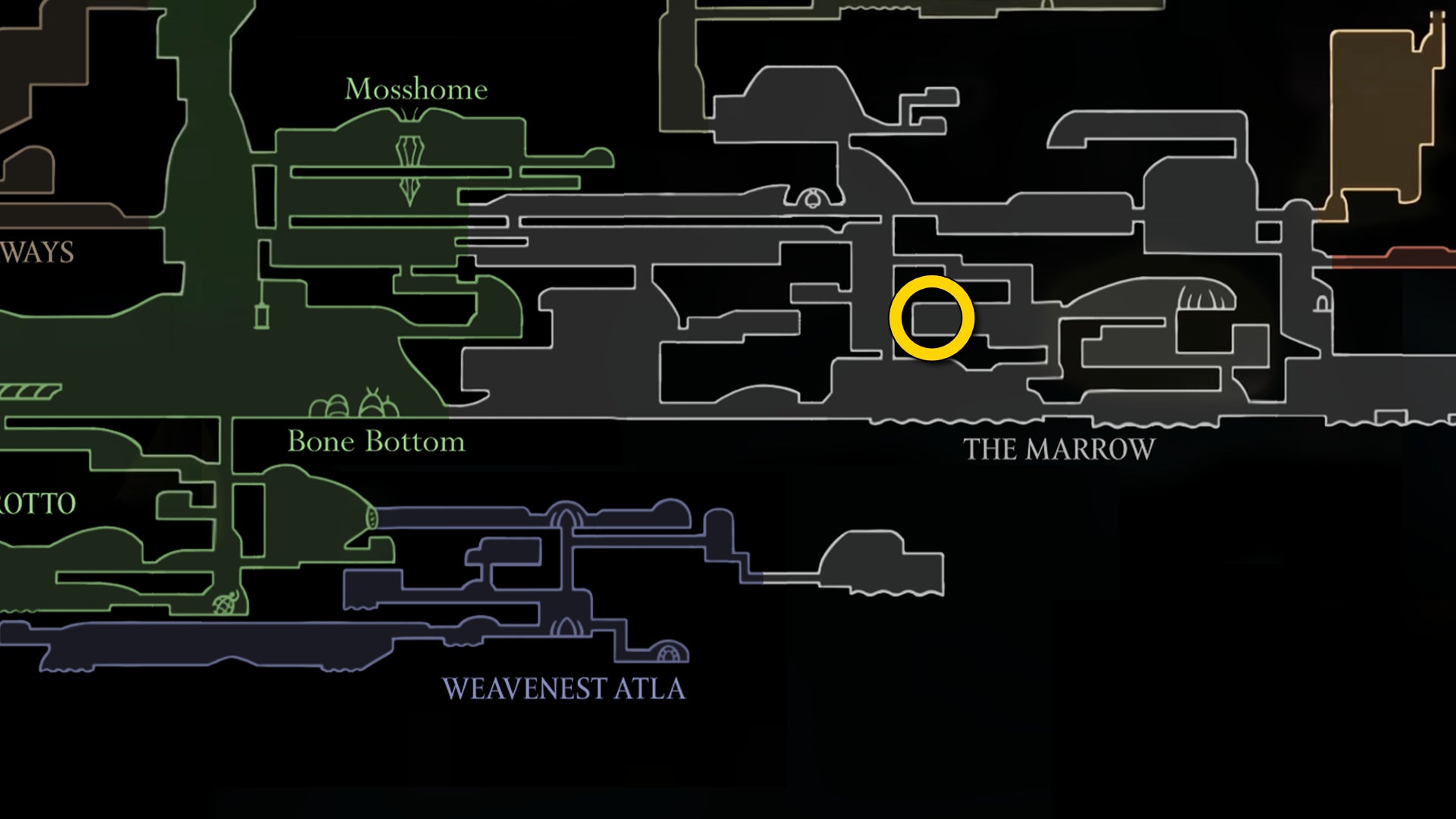 Part of the Hollow Knight: Silksong map, showing the location of Flick The Fixer in Act 3. - 3