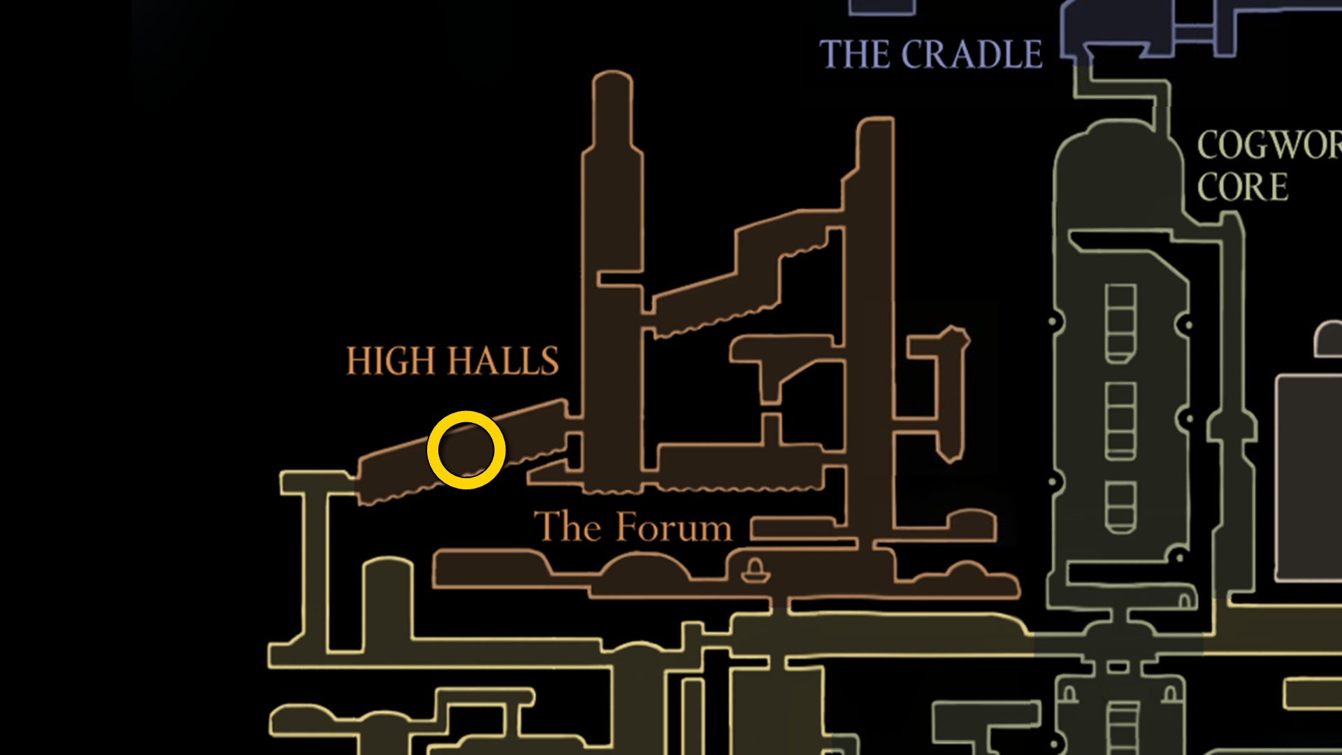 Part of the Hollow Knight: Silksong map, showing the location of the Second Sentinel in the High Halls. - 46