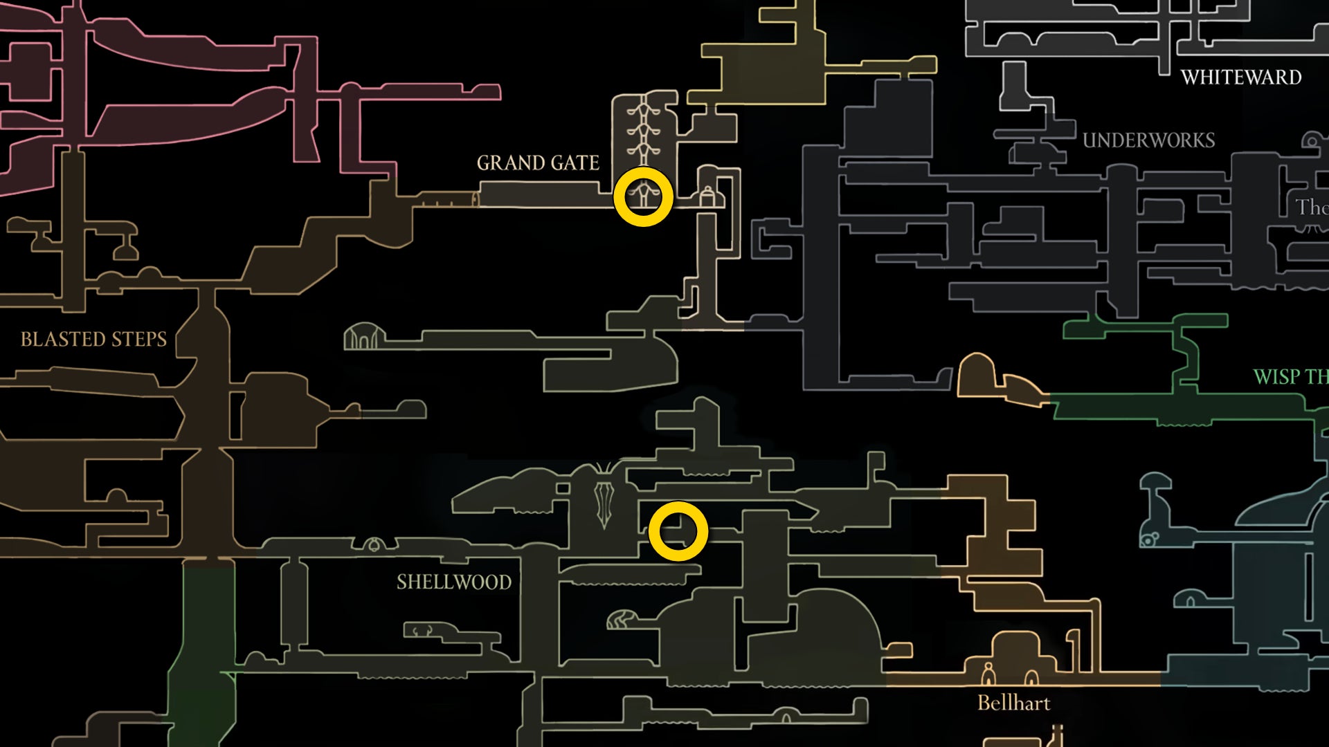 Part of the Hollow Knight: Silksong map, showing the locations where you can find Shrine Guardian Seth. - 52
