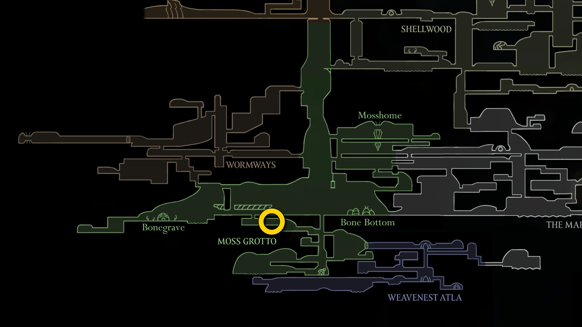 Part of the Hollow Knight: Silksong map, showing the location of Mister Mushroom in Moss Grotto. - 67