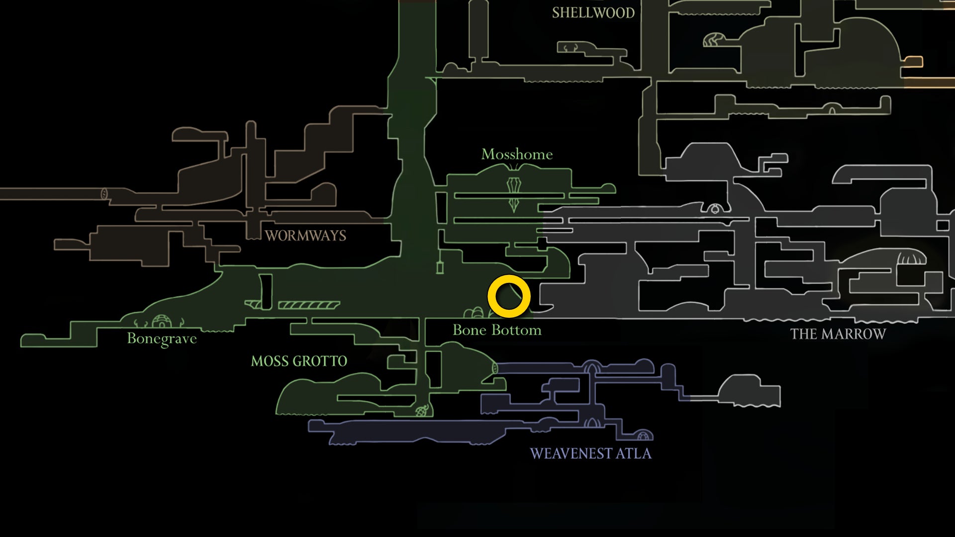 Part of the Hollow Knight: Silksong map, showing the location of Mister Mushroom in Bone Bottom. - 68