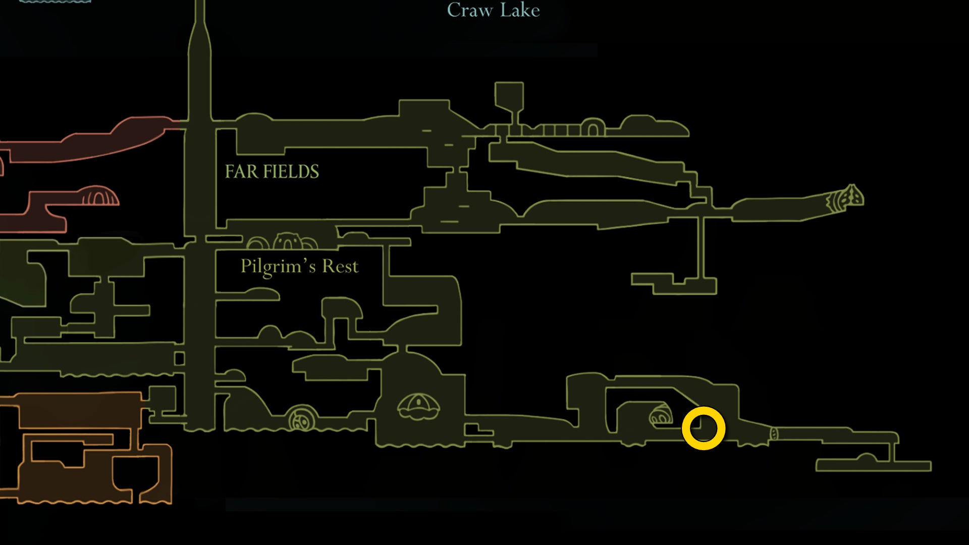 Part of the Hollow Knight: Silksong map, showing the location of Mister Mushroom in Far Fields. - 69