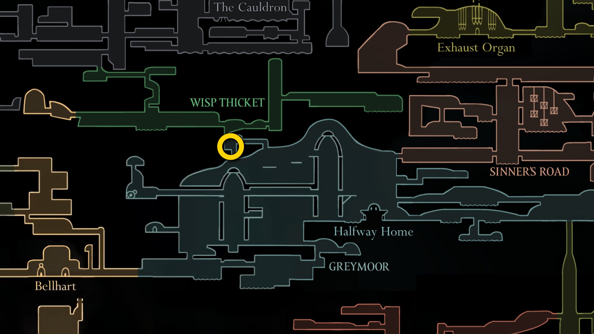 Part of the Hollow Knight: Silksong map, showing the location of Mister Mushroom in Greymoor. - 70
