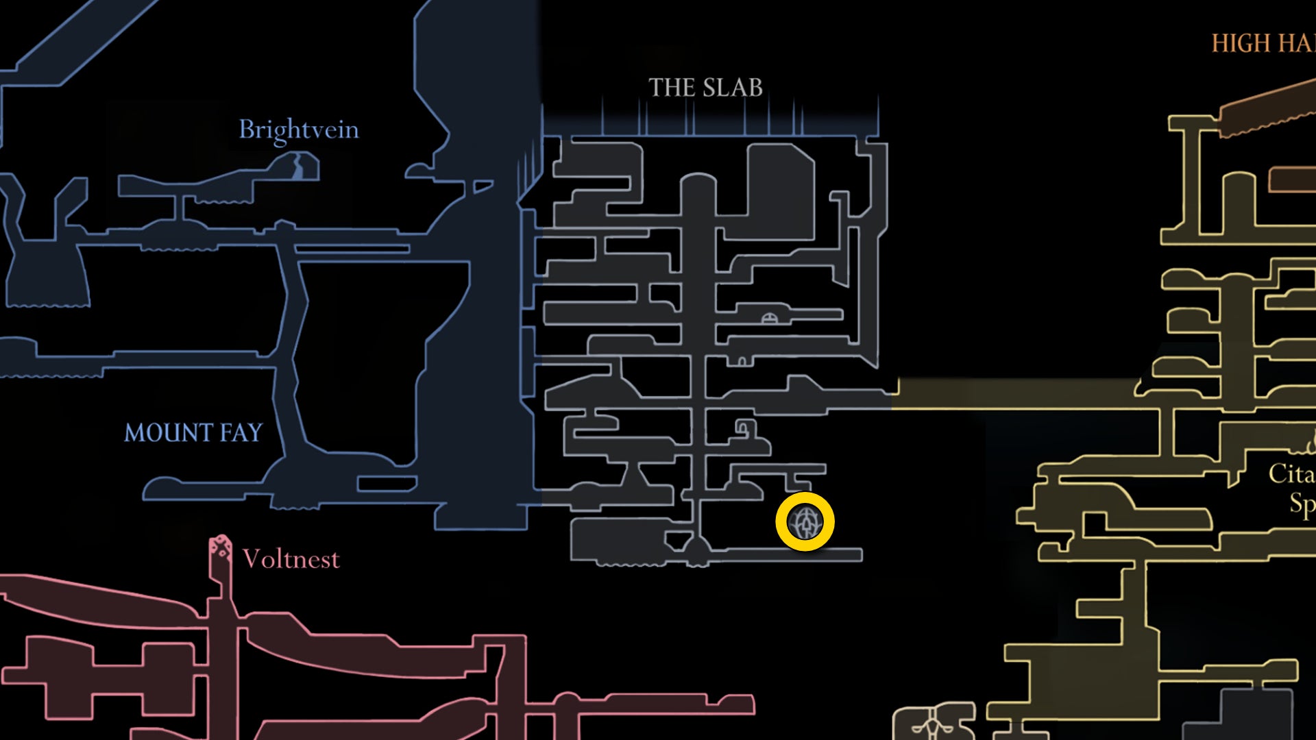 Part of the Hollow Knight: Silksong map, showing the location of Mister Mushroom in The Slab. - 71