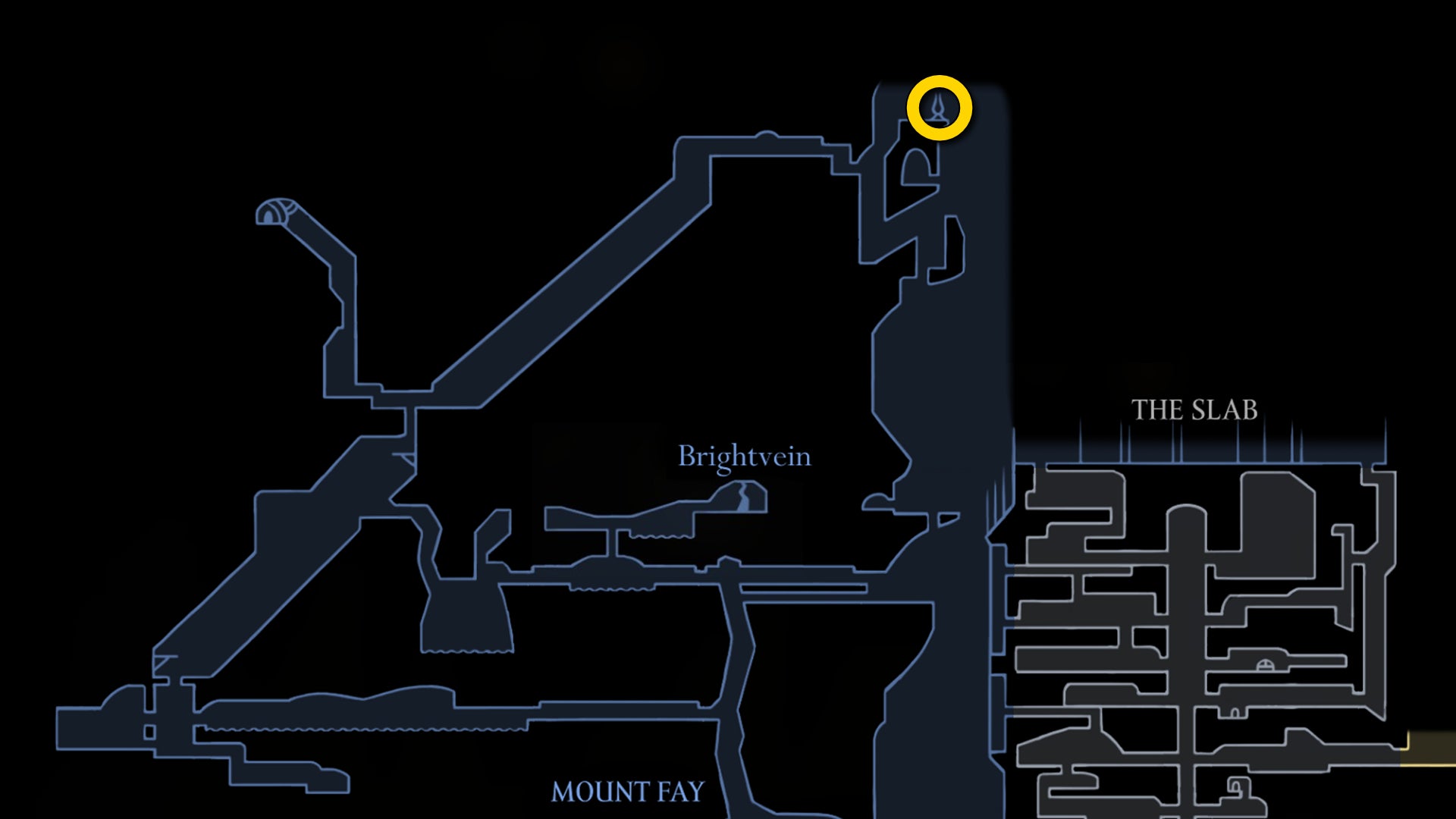 Part of the Hollow Knight: Silksong map, showing the location of Mister Mushroom in Mount Fay. - 72