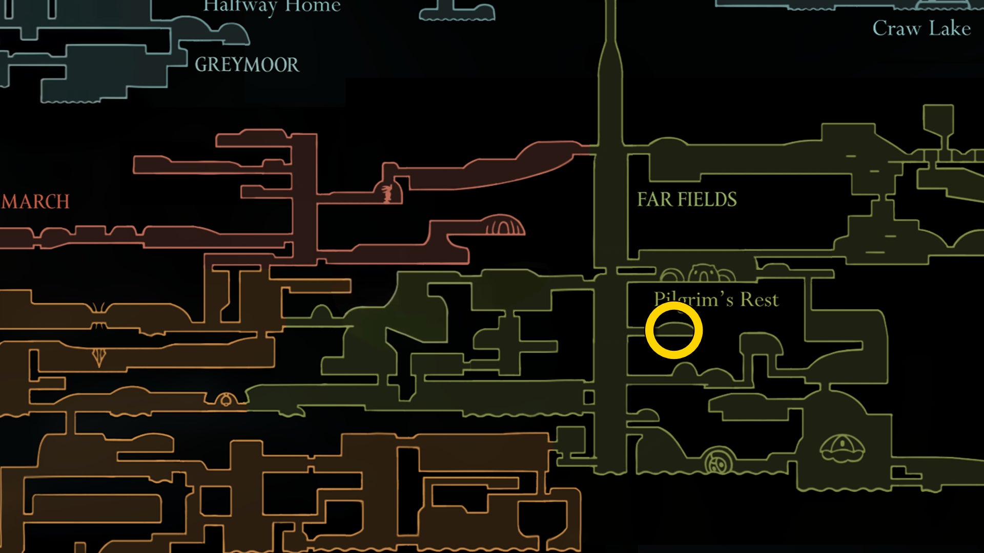 Part of the Hollow Knight: Silksong map, showing the location of the Curvesickle in Far Fields. - 8