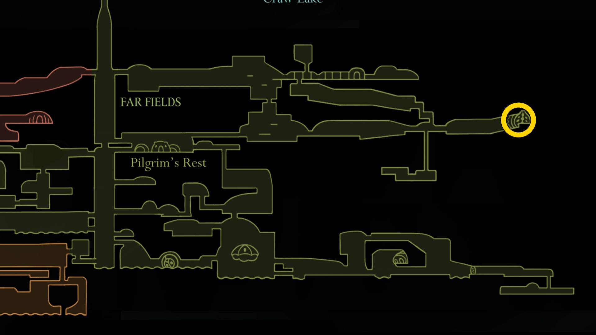 Part of the Hollow Knight: Silksong map, showing the location of Sprintmaster Swift in Far Fields. - 10