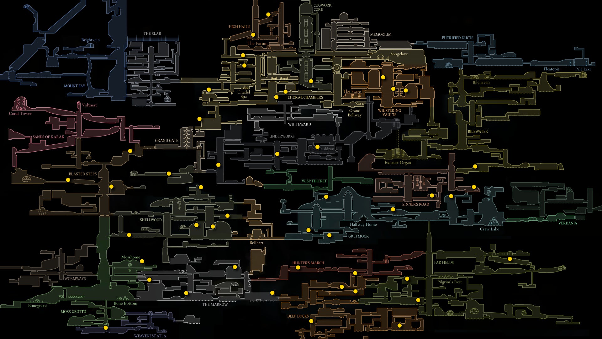 Part of the Hollow Knight: Silksong map, showing the locations of all Void Masses in Act 3. - 14