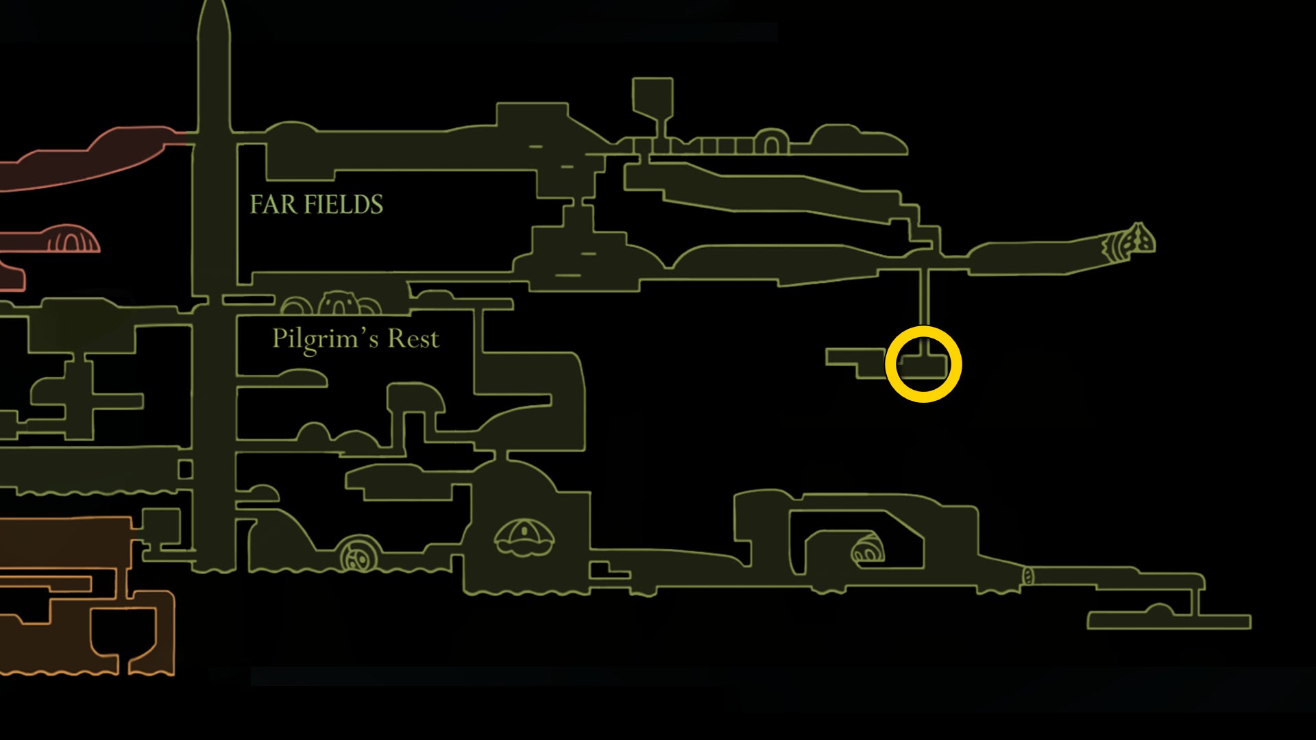 Part of the Hollow Knight: Silksong map, showing the location of Gurr The Outcast in Far Fields. - 15