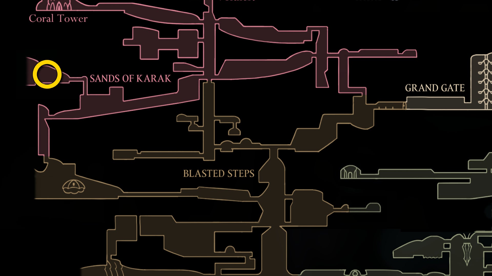 Part of the Hollow Knight: Silksong map, showing the location of the Watcher At The Edge. - 28