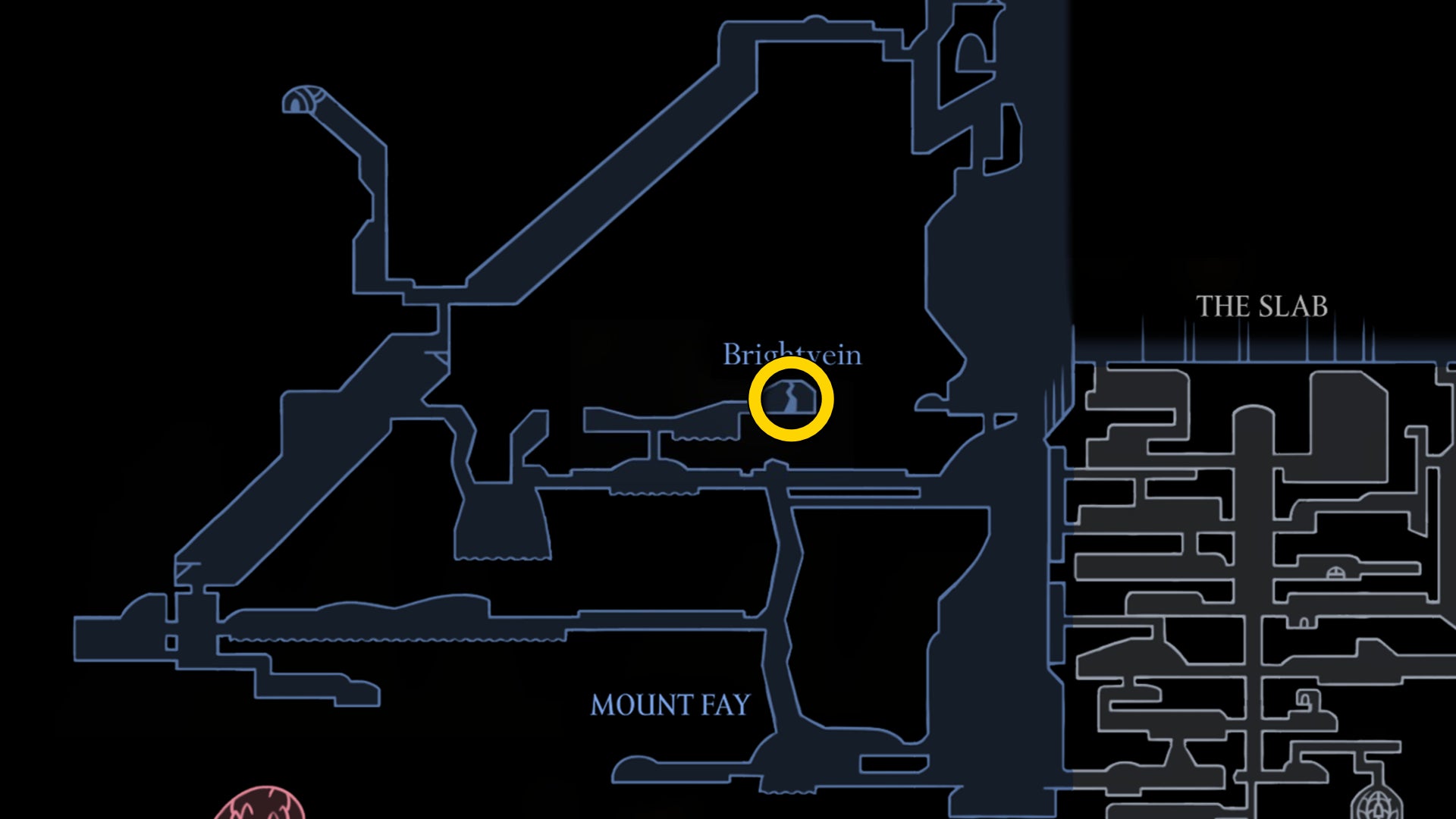 Part of the Hollow Knight: Silksong map, showing the location of Brightvein in Mount Fay. - 41