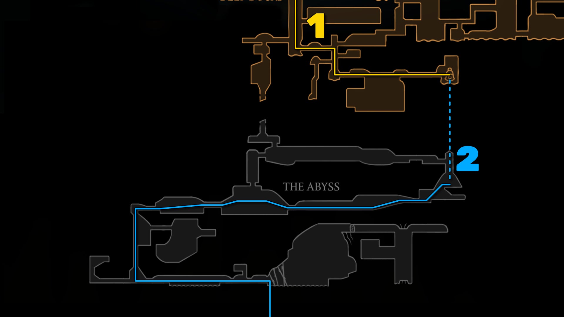 Part of the Hollow Knight: Silksong map of The Abyss, showing the path to the True Ending according to our walkthrough. - 3