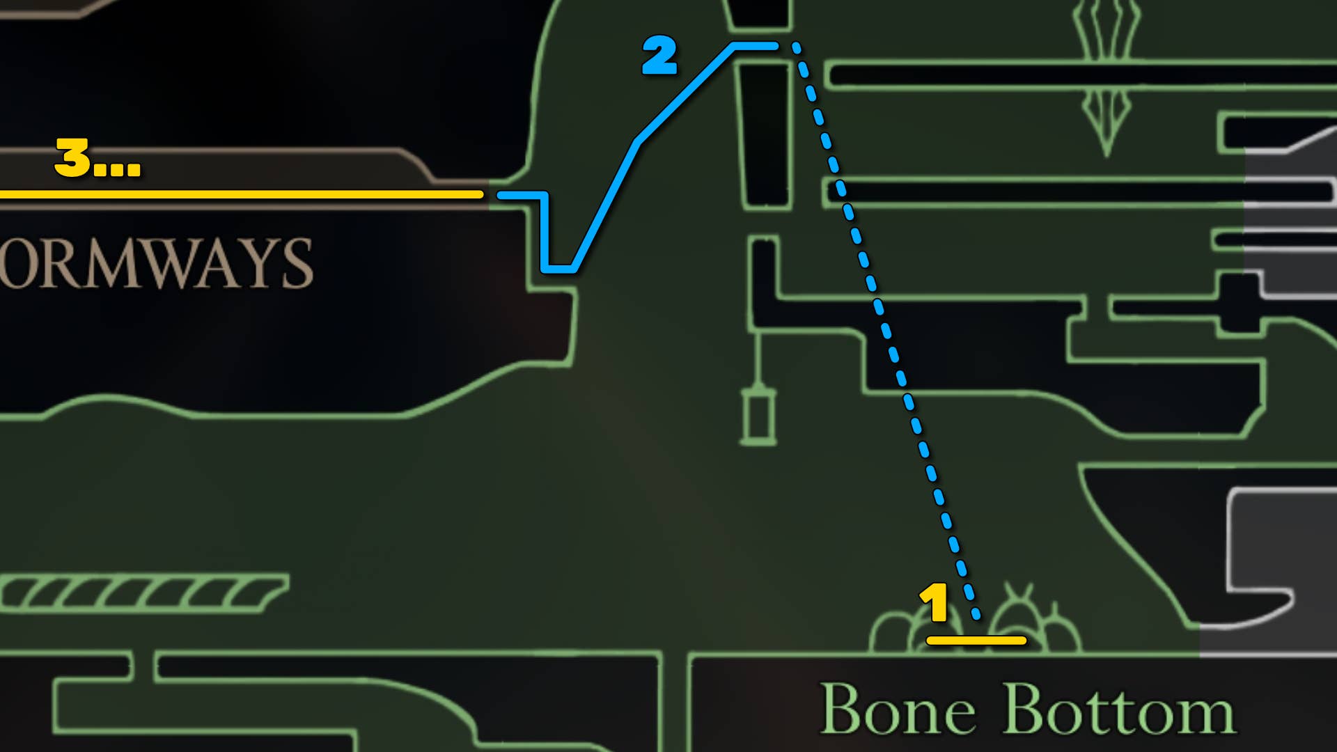 Part of the Hollow Knight: Silksong map of Bone Bottom, showing the path forward according to our walkthrough.