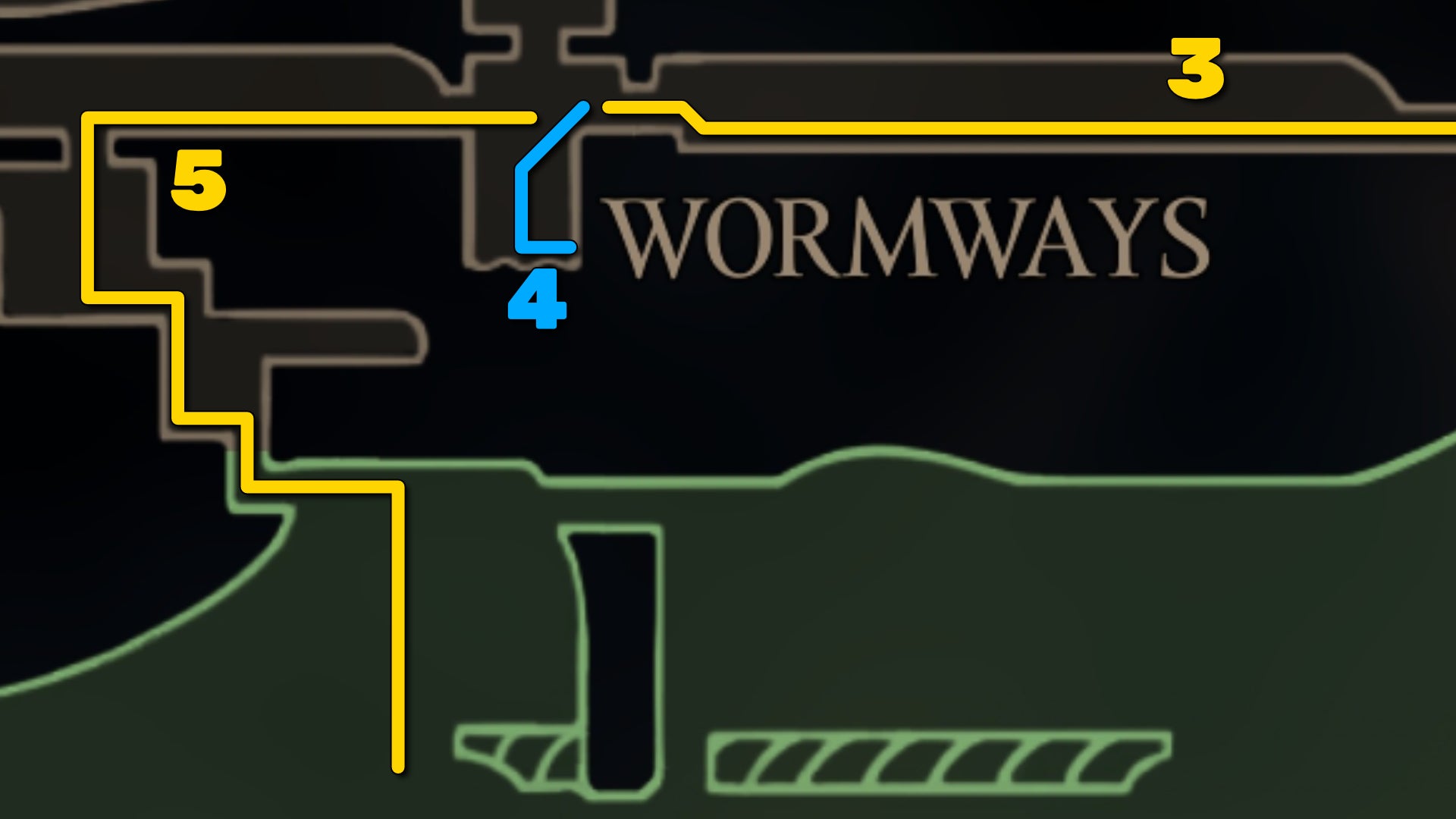Part of the Hollow Knight: Silksong map of the Wormways, showing the path forward according to our walkthrough. - 14