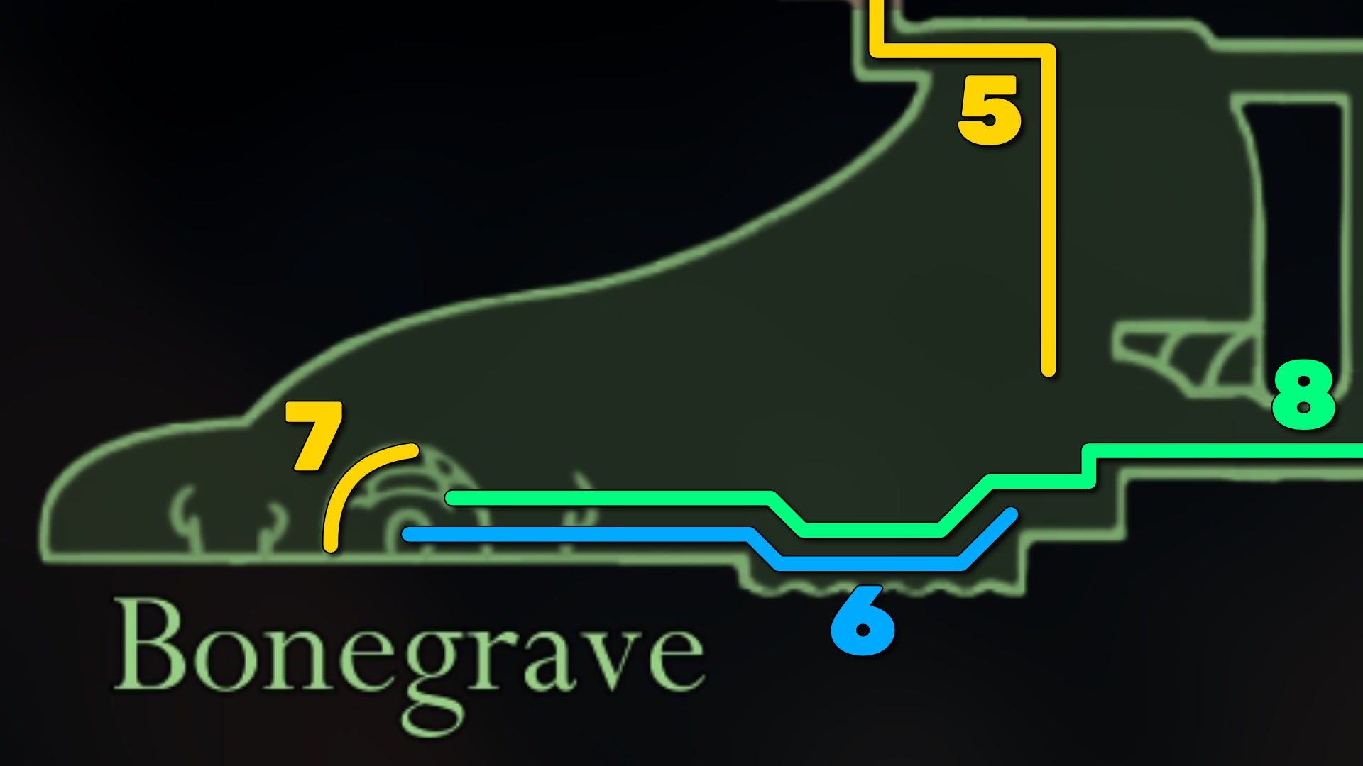 Part of the Hollow Knight: Silksong map of Bonegrave, showing the path forward according to our walkthrough. - 19