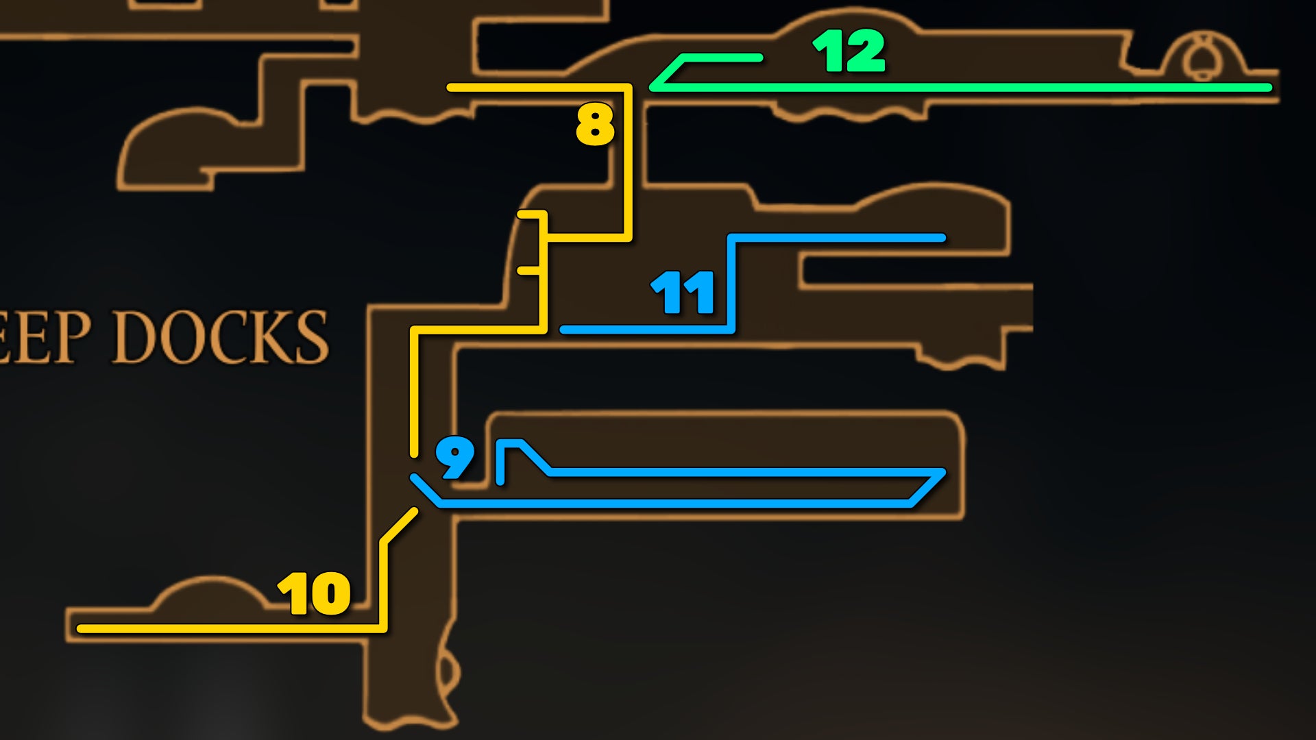 Part of the Hollow Knight: Silksong map of Deep Docks, showing the path forward according to our walkthrough. - 23