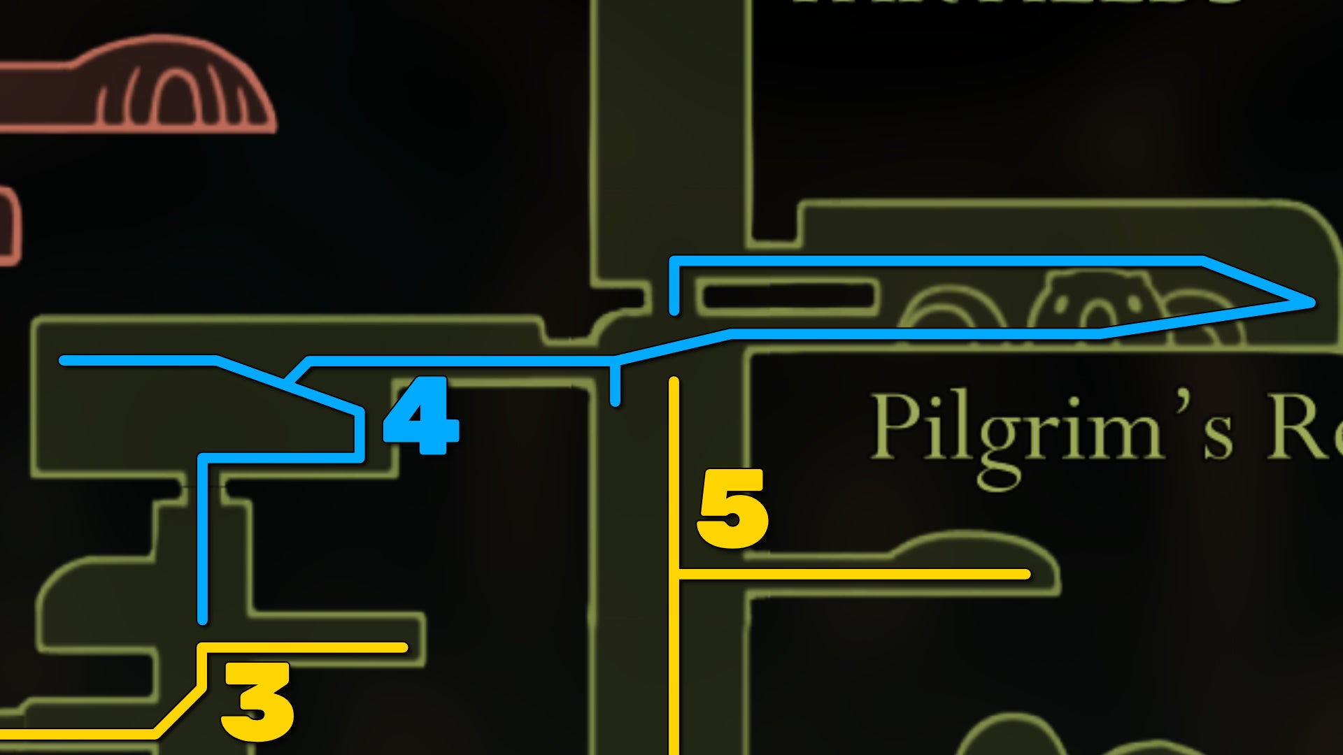 Part of the Hollow Knight: Silksong map of Far Fields, showing the path forward according to our walkthrough. - 12
