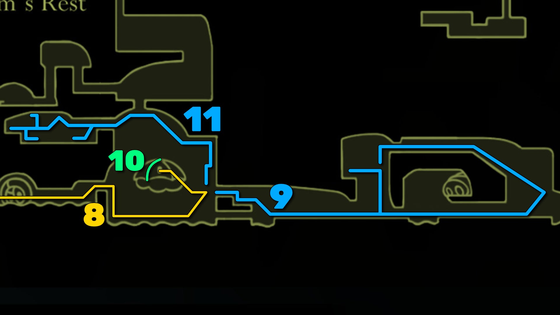 Part of the Hollow Knight: Silksong map of Far Fields, showing the path forward according to our walkthrough. - 30