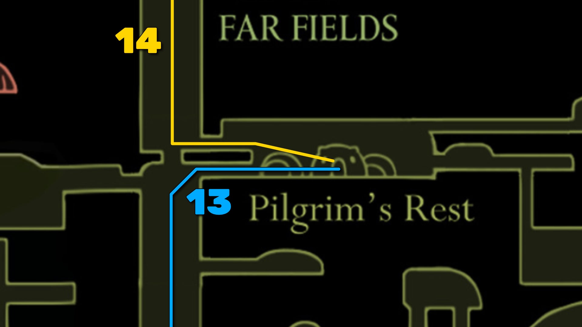 Part of the Hollow Knight: Silksong map of Far Fields, showing the path forward according to our walkthrough. - 52