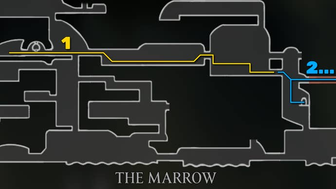 Part of the Hollow Knight: Silksong map of Hunter's March, showing the path forward according to our walkthrough.
