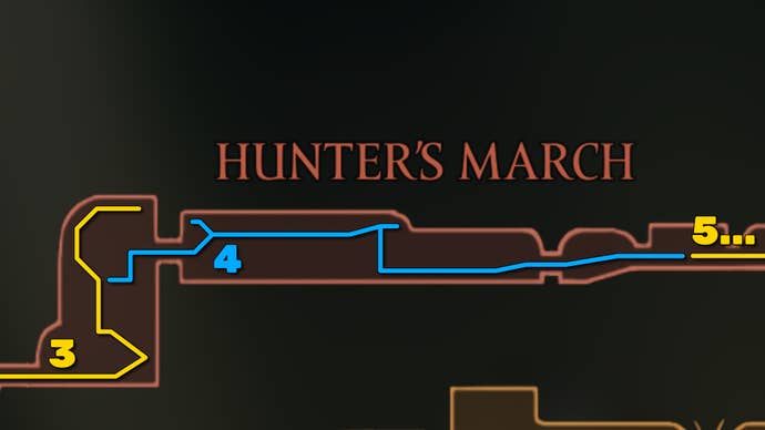 Part of the Hollow Knight: Silksong map of Hunter's March, showing the path forward according to our walkthrough.