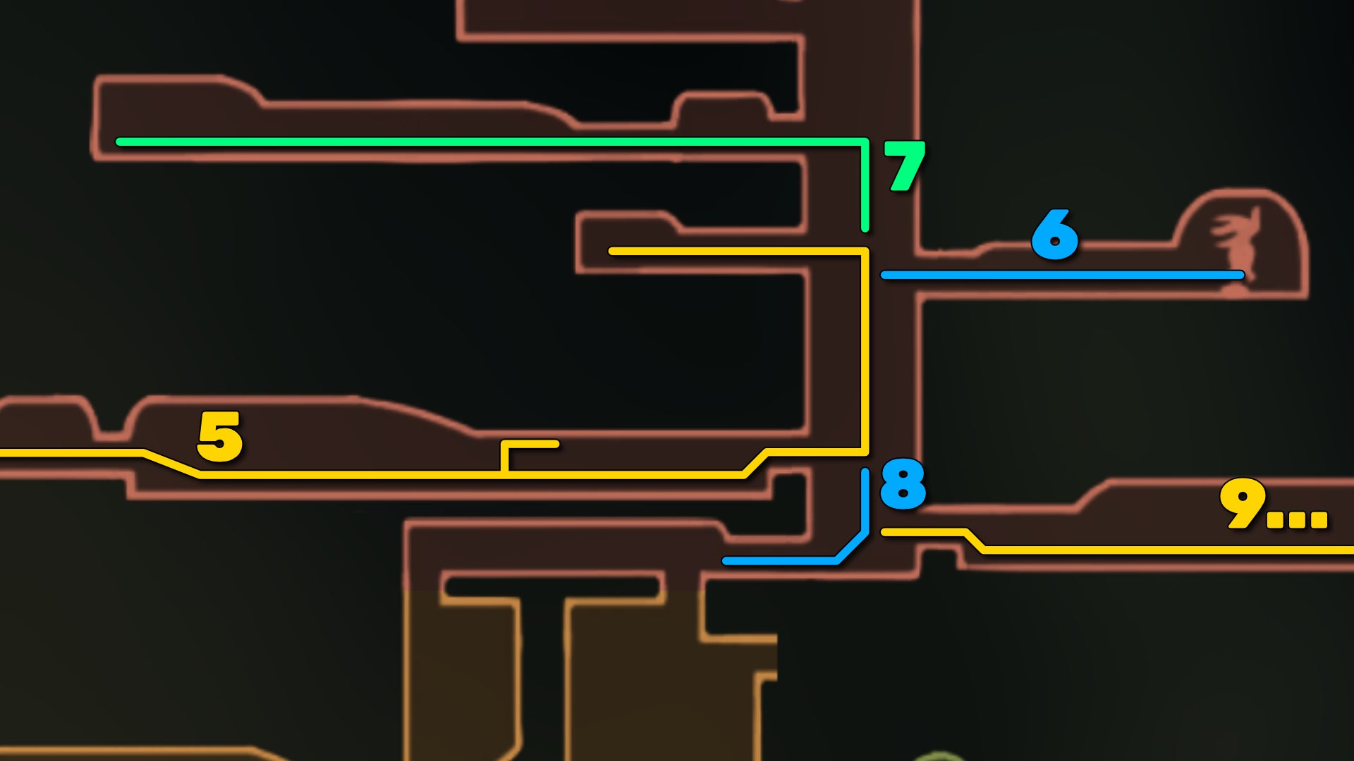 Part of the Hollow Knight: Silksong map of Hunter's March, showing the path forward according to our walkthrough. - 15