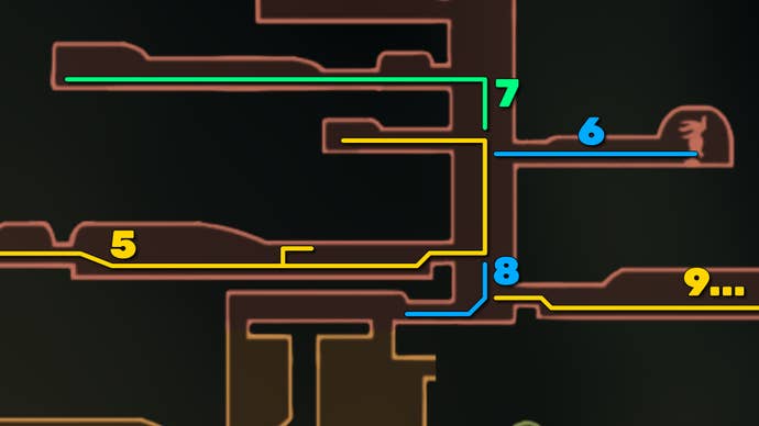 Part of the Hollow Knight: Silksong map of Hunter's March, showing the path forward according to our walkthrough.