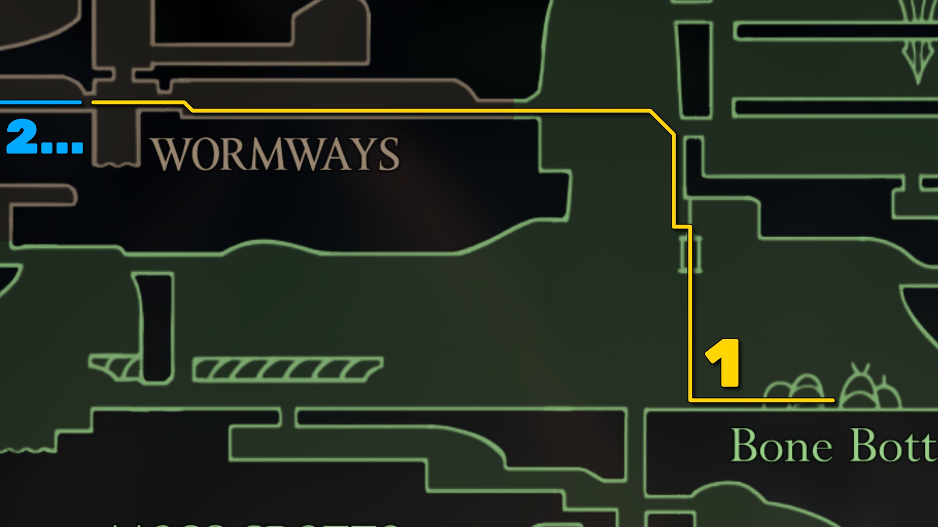 Part of the Hollow Knight: Silksong map of the Wormways, showing the path forward according to our walkthrough. - 3