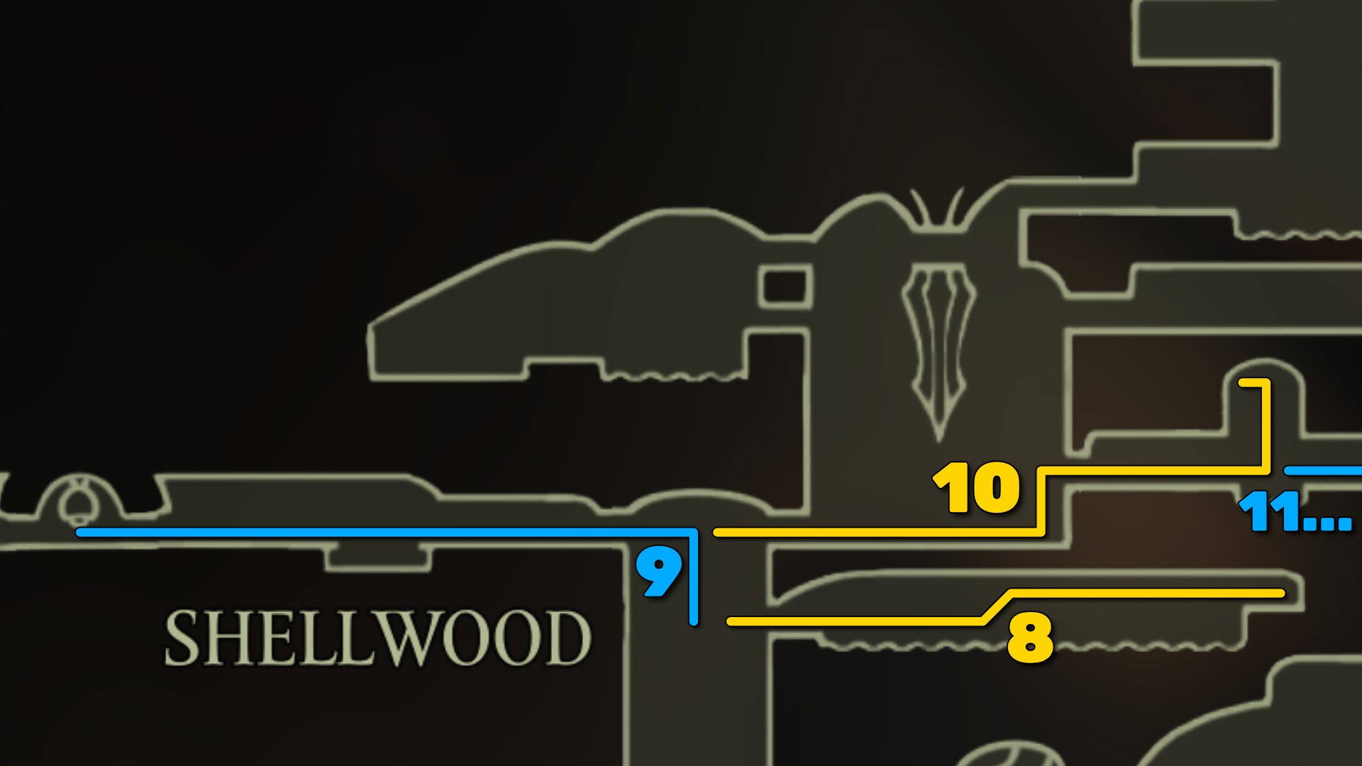 Part of the Hollow Knight: Silksong map of Shellwood, showing the path forward according to our walkthrough. - 21