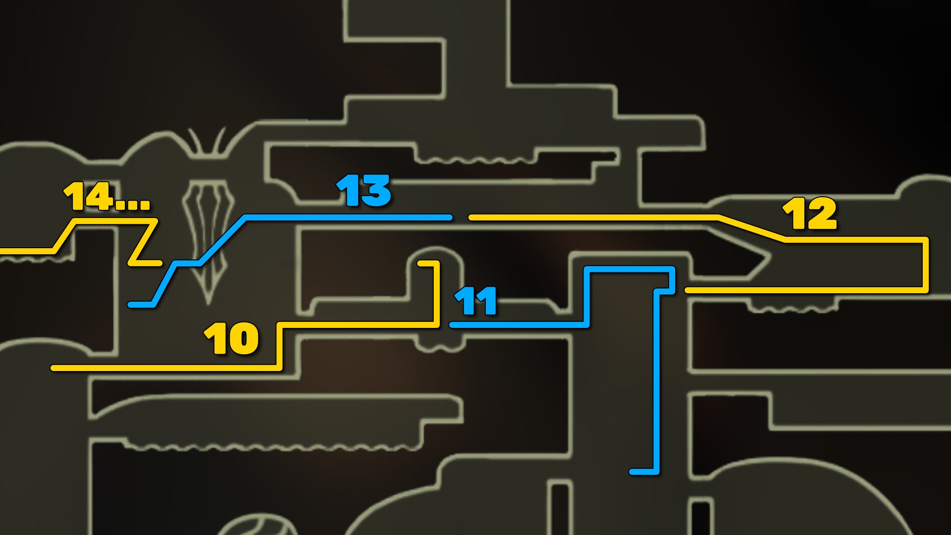 Part of the Hollow Knight: Silksong map of Shellwood, showing the path forward according to our walkthrough. - 25