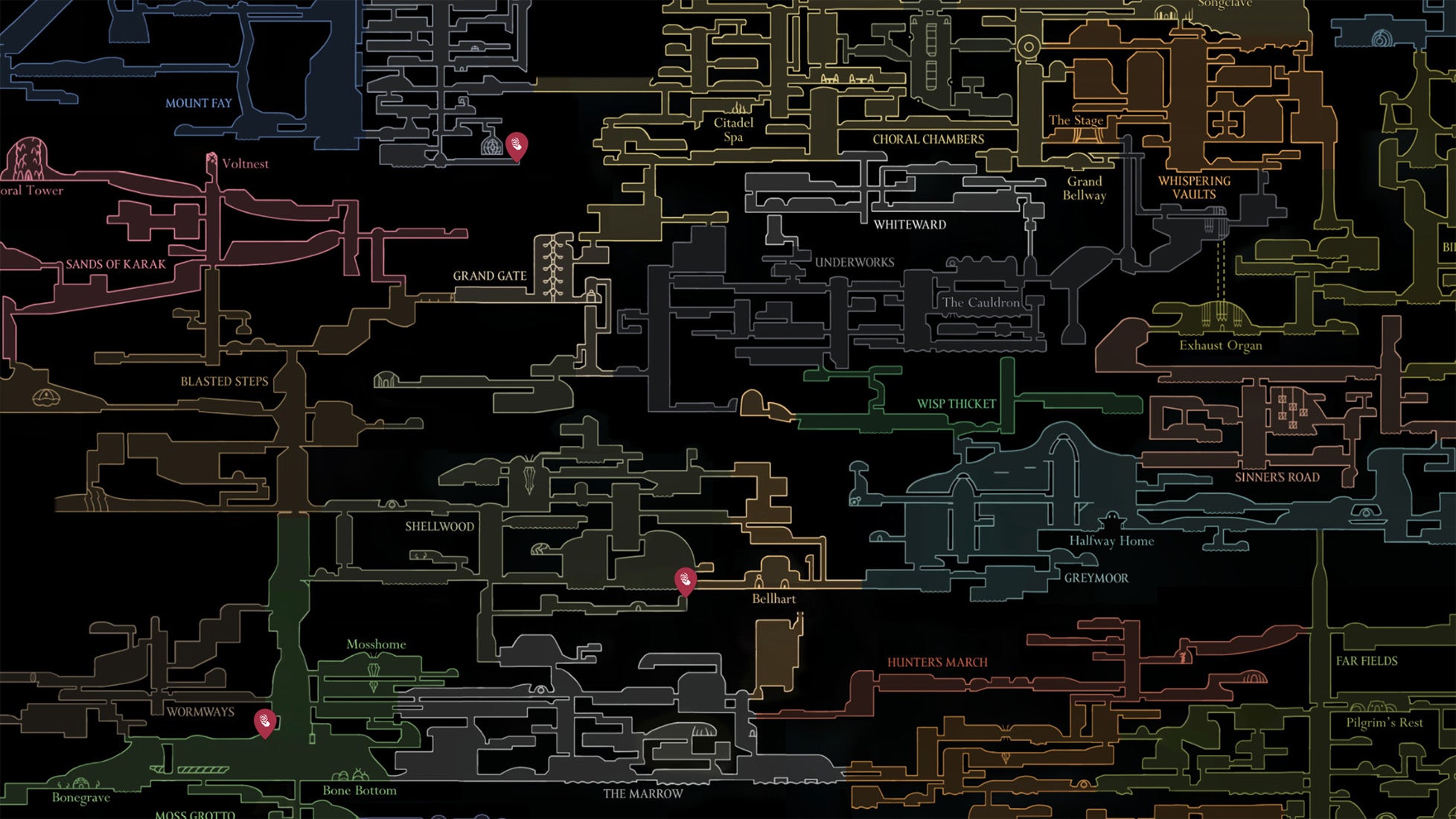 The map locations of all Weaver Effigy items in Hollow Knight Silksong. - 6