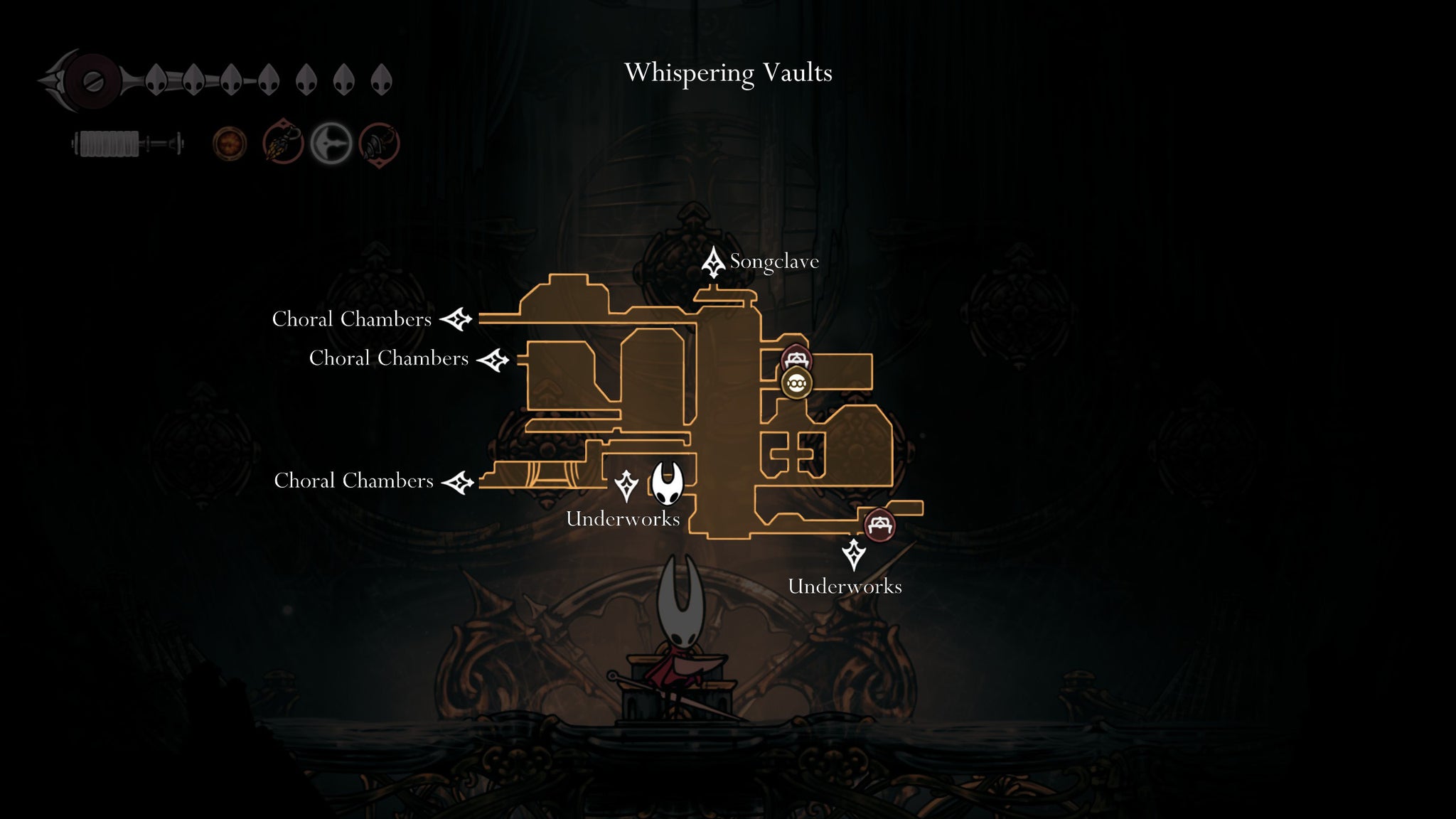 The map location of the Whispering Vaults Cogheart Piece in Hollow Knight Silksong. - 6
