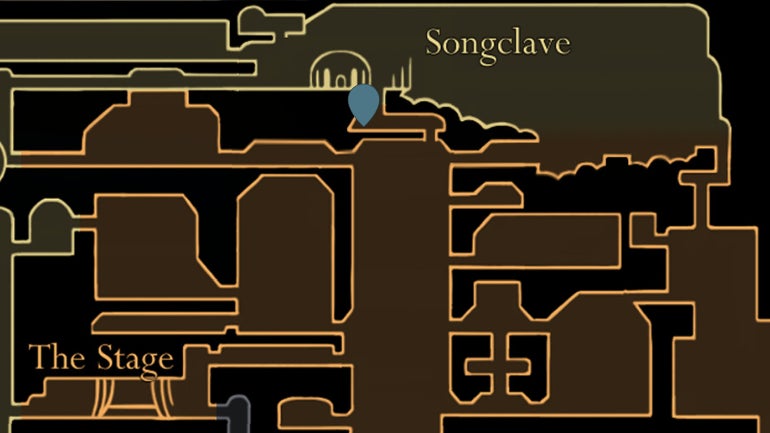 A map screen showing the location of the Whispering Vaults map piece in Hollow Knight Silksong. - 5