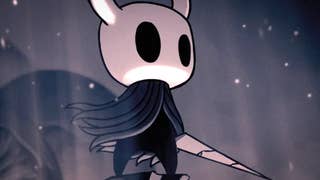 A simply drawn, white-skilled and big black-eyed character with a fluttering cape. It's Hollow Knight.