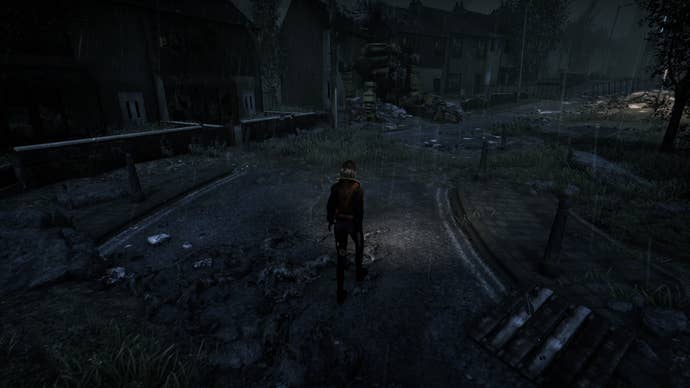 Mica walks through a ruined street at night in Hollowbody.