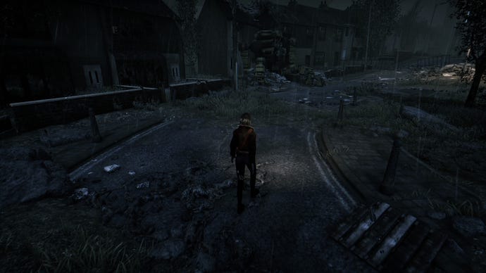 Mica walks through a ruined street at night in Hollowbody.