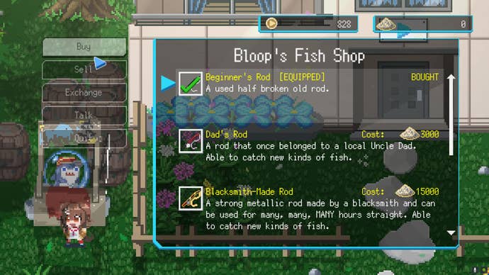 Shopping for fishing rods in Holocure: Save The Fans.