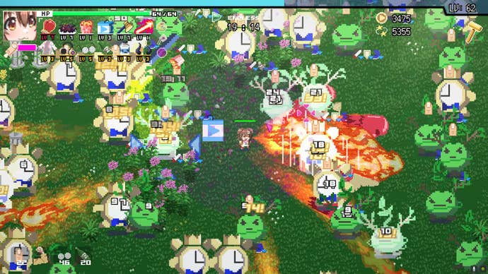 A frantic scene where a catgirl spits fire at enemies in HoloCure: Save The Fans.