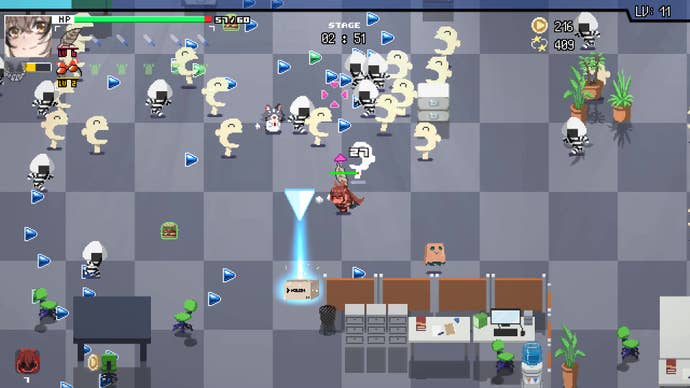 Fending off enemies in an office arena in HoloCure: Save The Fans.