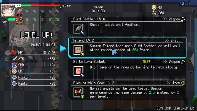 Choosing weapon and item upgrades in HoloCure: Save The Fans.