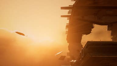 Homeworld 3 official screenshot showing a spaceship to the left departing a giant spaceship dock to the right, against a solar orange background