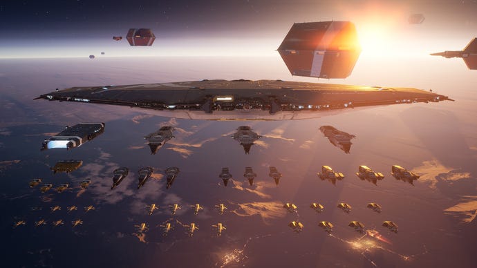 Spaceships in a Homeworld 3 screenshot.